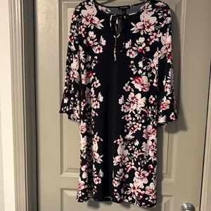 Black Floral Tie-Neck Midi Dress with Pink Blooms